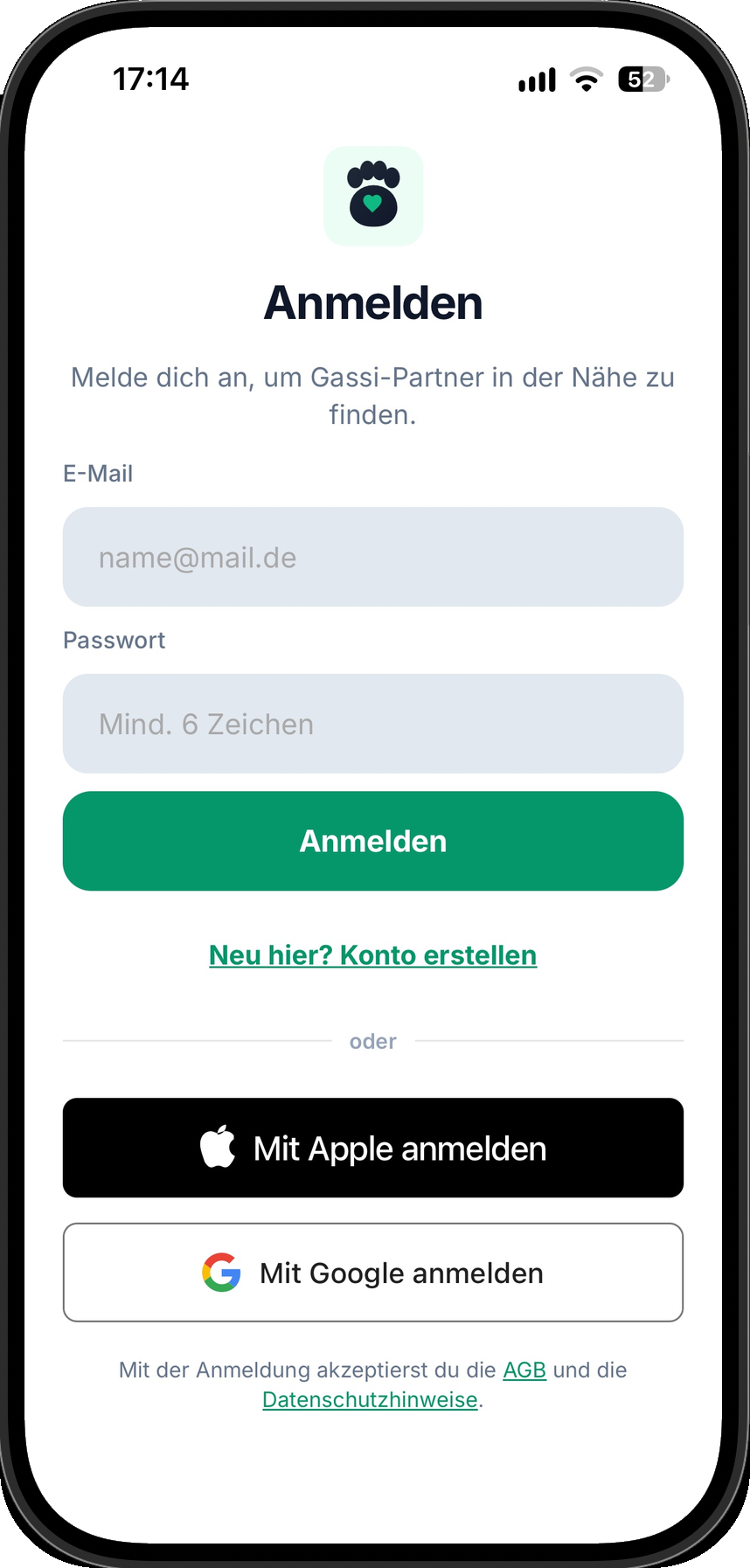 Anmelden mit E-Mail, Apple oder Google