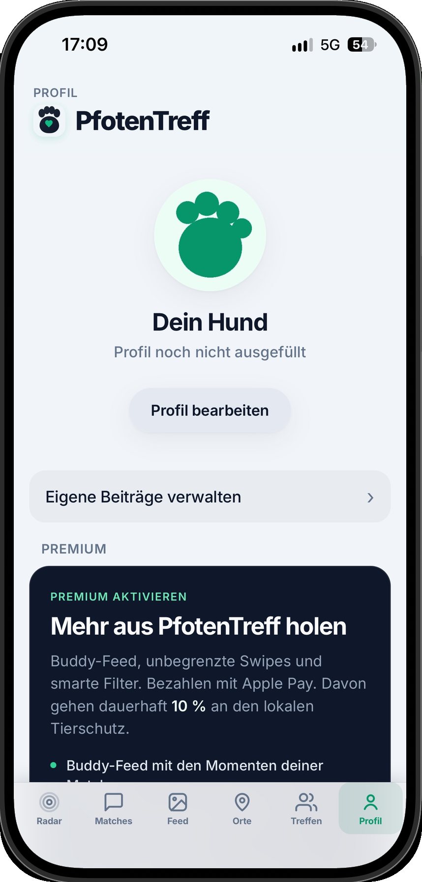 Profil: noch leer, mit Premium-Hinweis und Apple Pay